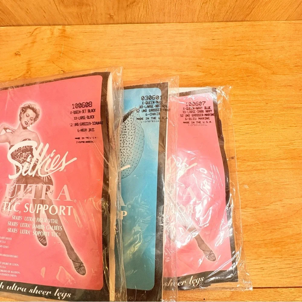 Vintage Lot Of 3 Queen XXL Silkies Ultra Control Top Pantyhose Black Navy Nude